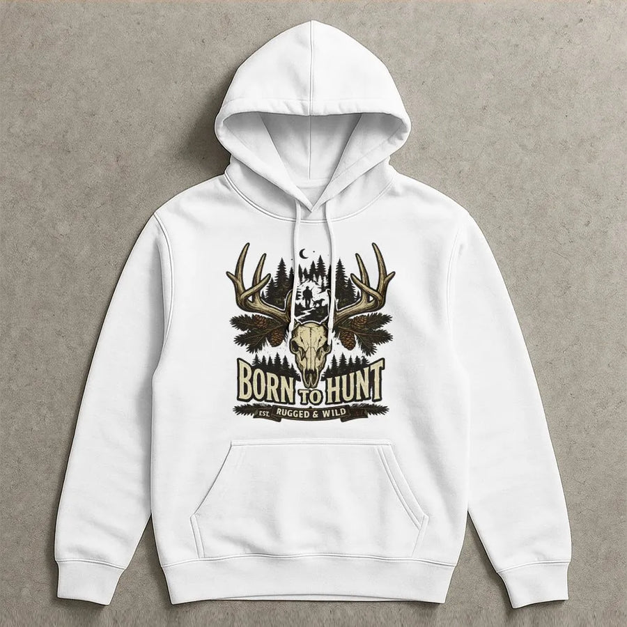 Born To Hunt Hoodie | Whitetail Deer Skull Graphic Sweatshirt | Rugged Hunting Apparel | Premium Gift for Hunter and Outdoorsman