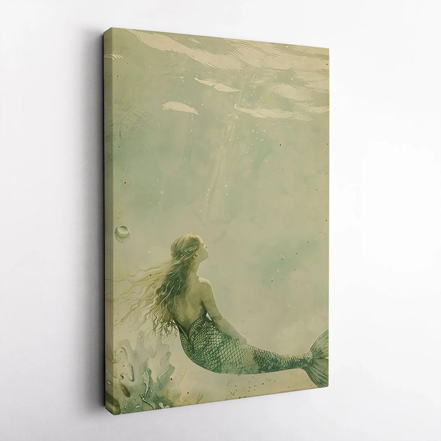 Mermaid Canvas Wall Art | Vintage Underwater Painting Print | Premium Gallery Wrapped Canvas | Nautical Fantasy Home Decor Gift