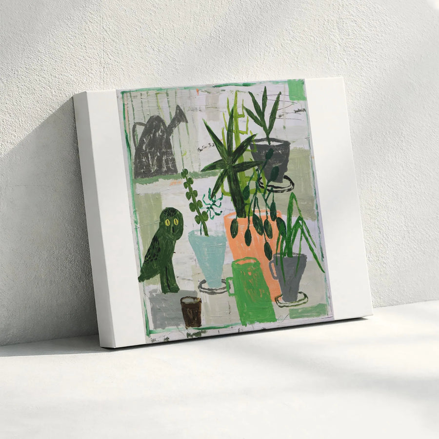 Quirky Owl and Plants Canvas Print | Modern Naive Style Painting | Thick Gallery Wrap Canvas | Modern Home Decor Gift