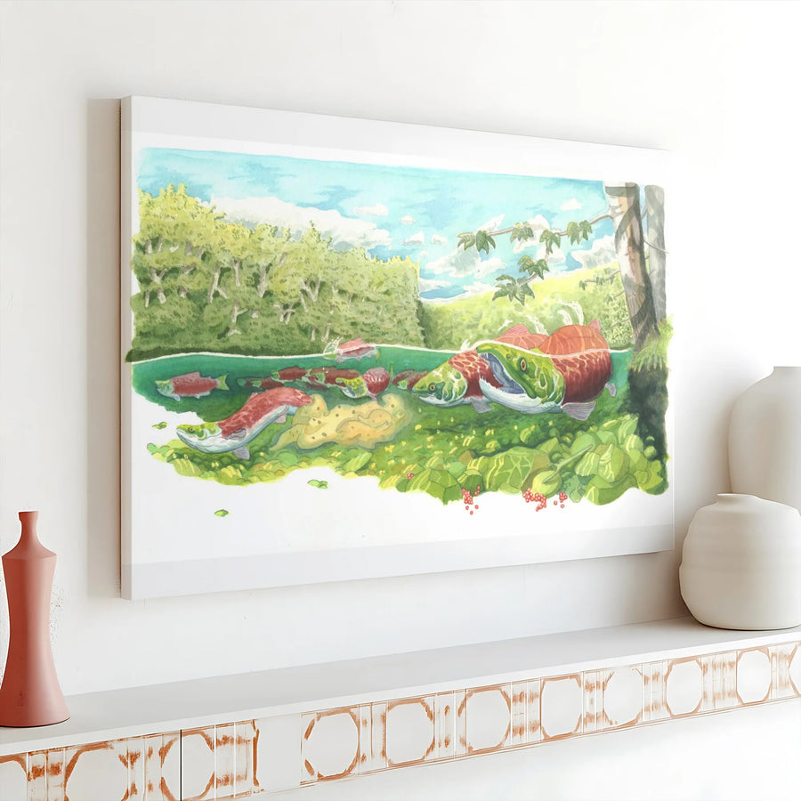 Sockeye Salmon Run Canvas Art | Watercolor River Wildlife Scene | Thick Gallery Wrap Canvas | Premium Gift for Fisherman & Cabin Decor