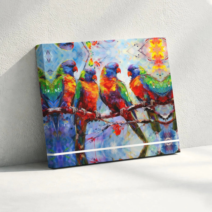 Colorful Rainbow Lorikeet Horizontal Canvas | Vibrant Tropical Parrots Painting Print | Premium 1.25” Stretched Frameless Art | Bright Living Room Decor Gift