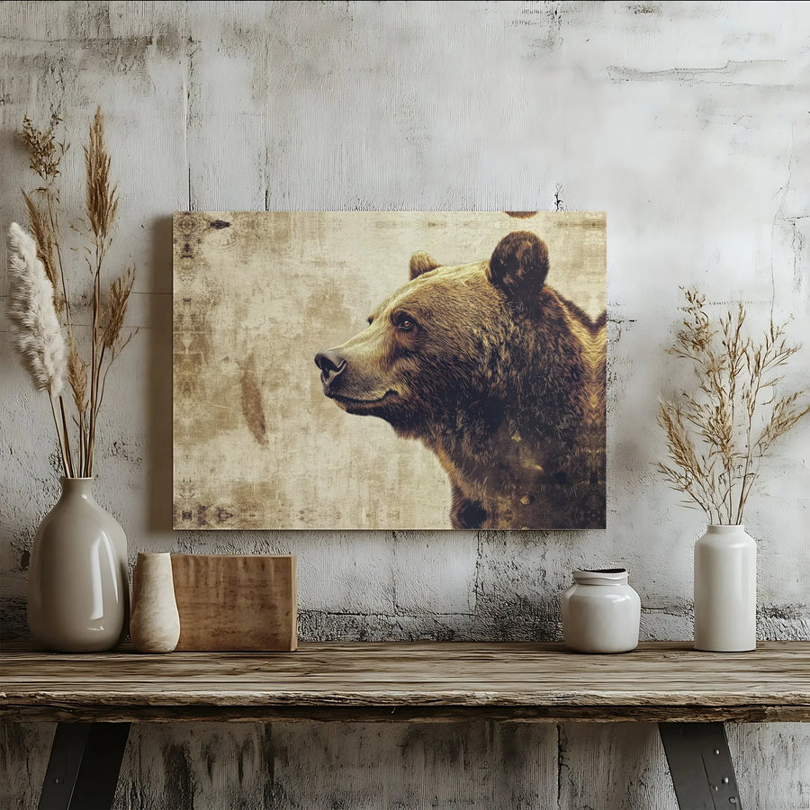 Grizzly Bear Canvas Wall Art | Rustic Wildlife Portrait Print | Premium Gallery Wrapped Canvas | Cabin Decor Gift for Nature Lovers
