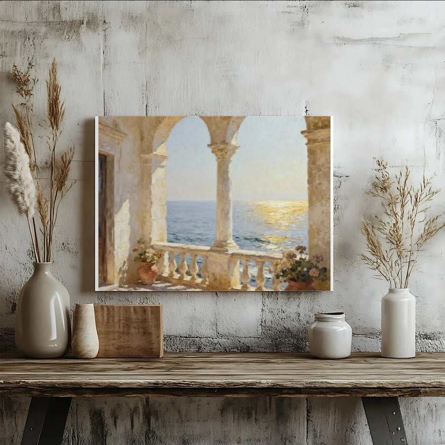 Mediterranean Balcony Canvas Wall Art | Impressionist Sunlit Ocean Scene | Premium Gallery-Quality Canvas | Coastal Home Decor Gift