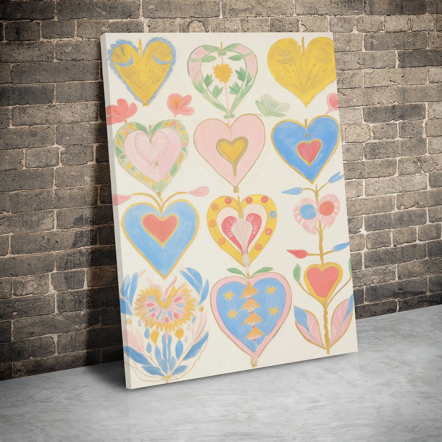 Folk Art Heart Canvas Wall Art | Colorful Botanical Floral Hearts Pattern | Gallery Wrapped Premium Print | Boho Home Decor Gift for Her