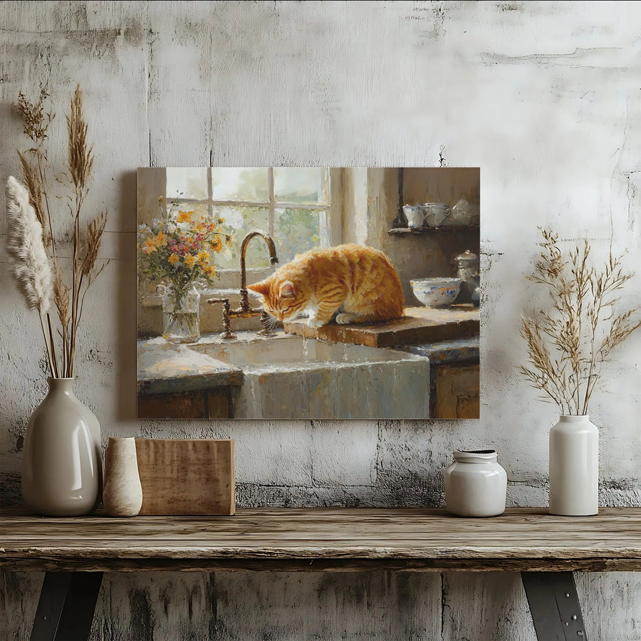 Orange Tabby Cat Wall Art | Impressionist Kitchen Sink Painting | Premium Gallery Wrap Canvas | Cozy Animal Lover Home Decor Gift