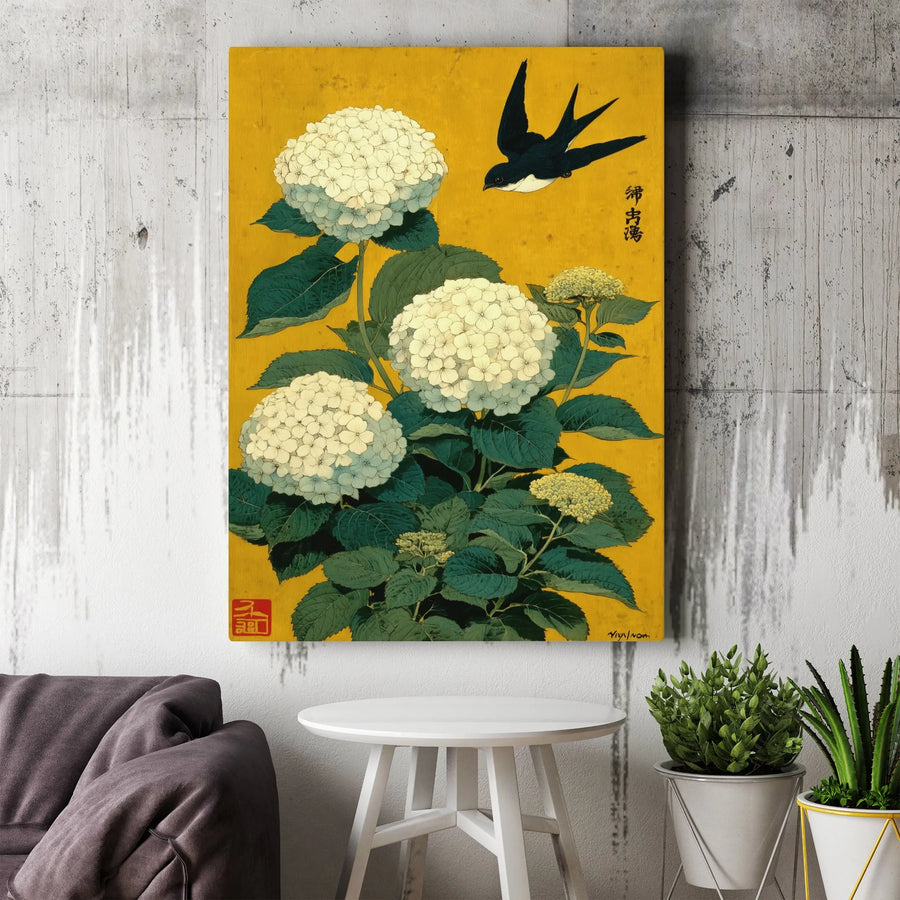 Japanese Bird And Flower Wall Art | Vintage Swallow With Hydrangea Print | Premium Gallery Wrap Canvas | Minimalist Botanical Home Decor Gift