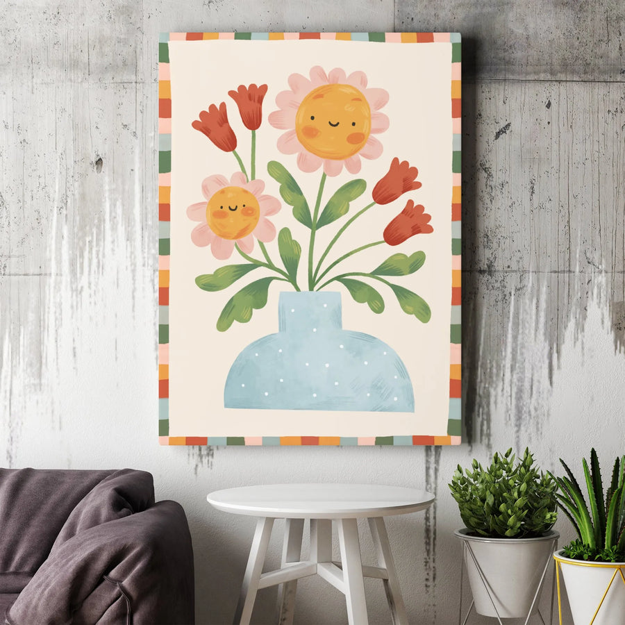 Smiling Flower Canvas Wall Art | Whimsical Floral Daisies and Tulips Illustration | Premium Gallery Wrapped Decor | Colorful Aesthetic Nursery Gift