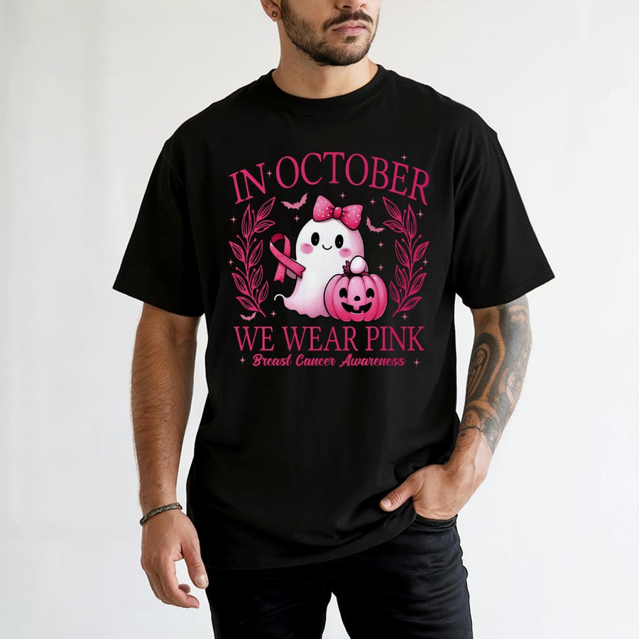 In October We Wear Pink T-Shirt | Breast Cancer Awareness Halloween Ghost Graphic | Premium 100% Cotton Tee | Gift for Women & Breast Cancer Survivors