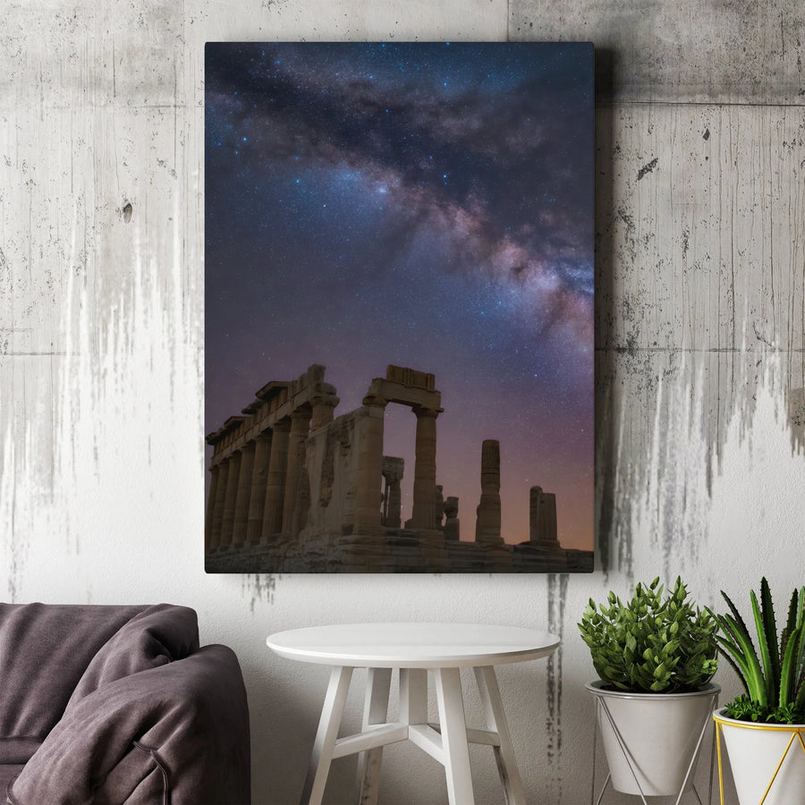 Ancient Greek Temple Canvas Print | Milky Way Starry Night Sky Wall Art | Gallery Quality Premium Decor | Celestial History Gift for Home