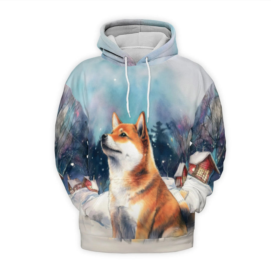 Shiba Inu Hoodie | Snowy Winter Night Watercolor Art | Premium Polyester Knit | Cozy Gift for Dog Lovers