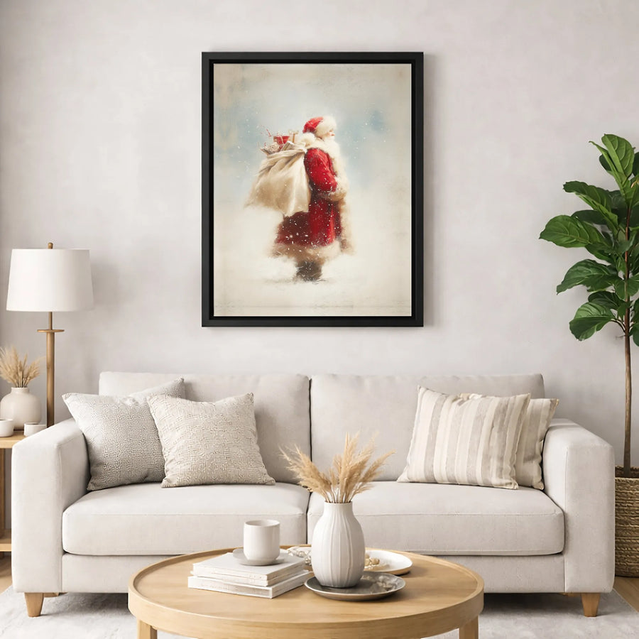 Vintage Santa Claus Wall Art | Nostalgic Christmas Painting in Snow | Premium Gallery Wrapped Canvas | Holiday Decor for Home and Office