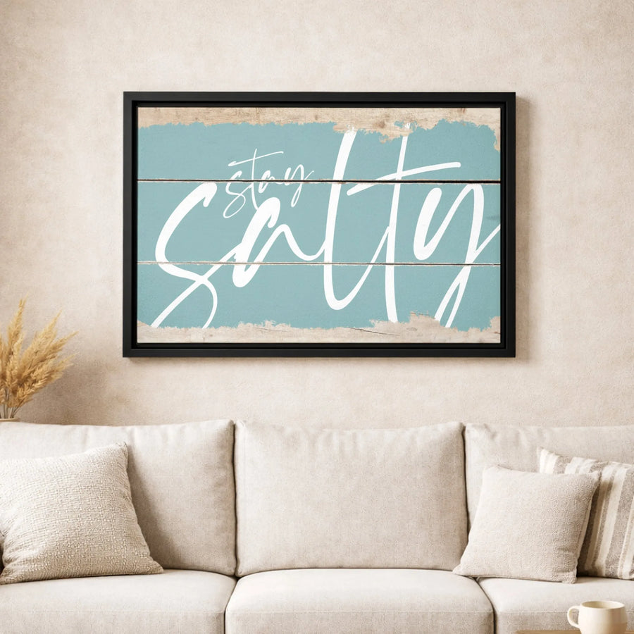 Stay Salty Wall Art | Rustic Teal Wood Grain Beach Decor | Premium 1.25 Inch Framed Canvas Print | Coastal Home Office Wall Decor