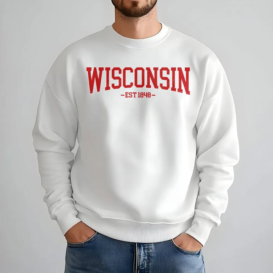 Wisconsin Sweatshirt | Retro Collegiate EST 1848 Graphic | Soft Cotton | State Pride Souvenir Gift for Men and Women