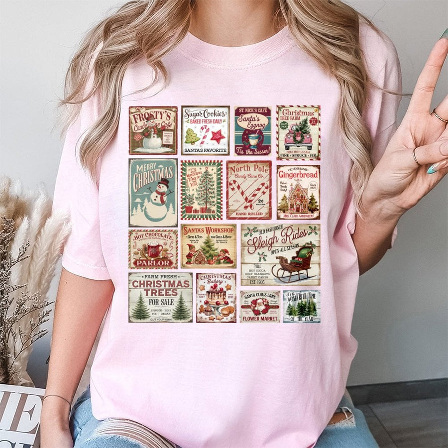 Vintage Christmas Stamp T-Shirt | Retro Holiday Collage Graphic Tee | 100% Cotton Premium Quality | Cozy Winter Gift for Women & Christmas Lovers