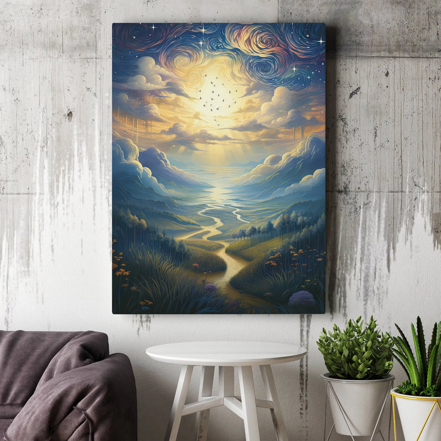 Fantasy Landscape Canvas Wall Art | Whimsical Winding River & Celestial Sky | 1.25-Inch Gallery Wrap | Dreamy Home & Office Decor Gift