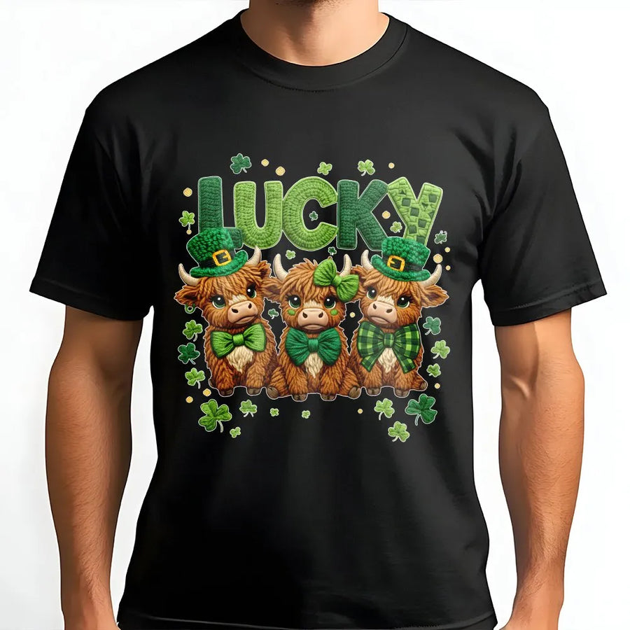 Lucky Highland Cow T-Shirt | St. Patrick's Day Cute Irish Farm Animal Graphic | Premium Soft Cotton | Gift For Women Men Kids