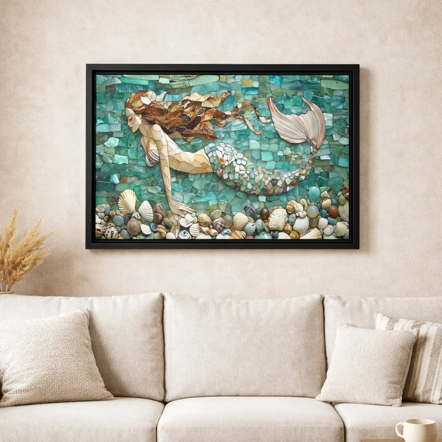 Mermaid Mosaic Wall Art | Coastal Sea Glass and Shell Design | Premium Gallery-Wrapped Canvas | Beach House Decor Gift for Her