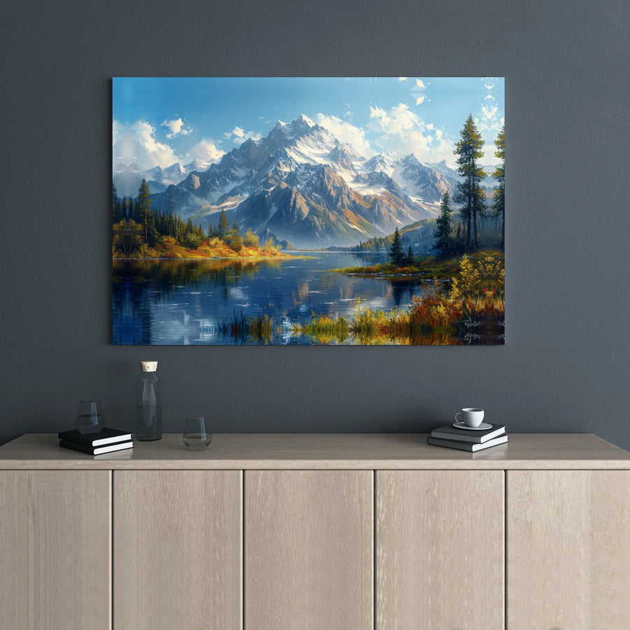 Mountain Lake Canvas Wall Art | Snow-Capped Alpine Landscape | Gallery Wrapped Premium Print | Nature Home Decor Gift