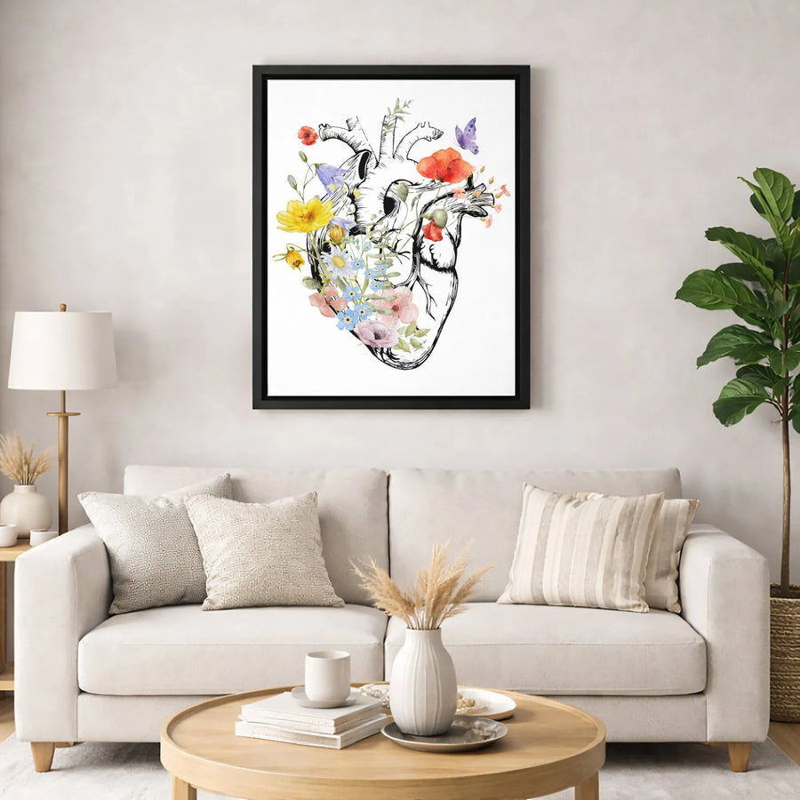 Anatomical Heart Canvas Art | Botanical Wildflower & Butterfly Sketch | Premium Fade-Resistant Gallery Wrap | Gift for Nurse or Doctor