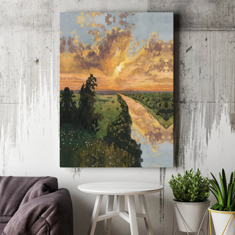 Golden Sunset River Canvas Art | Impressionist Landscape Painting Print | Premium Gallery Wrap Wall Decor | Gift for Nature Lover