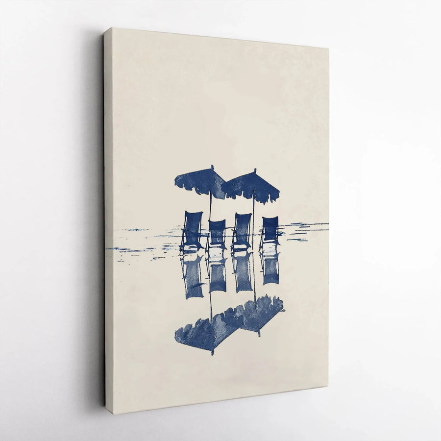 Beach Chairs And Umbrellas Wall Art | Minimalist Blue Watercolor Reflection Canvas | Premium Gallery-Wrap Decor | Summer Coastal Home Gift