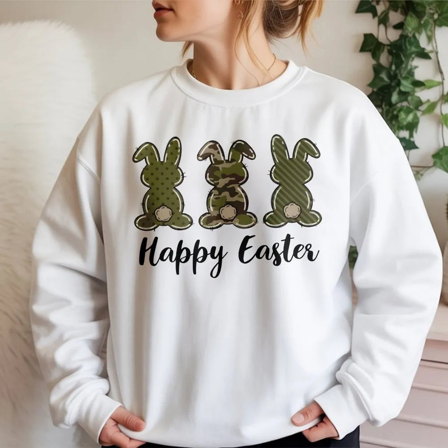 Camo Easter Bunny Sweatshirt | Cute Rabbit Graphic Crewneck | Premium Cotton-Poly Blend | Festive Spring Holiday Apparel for Adults