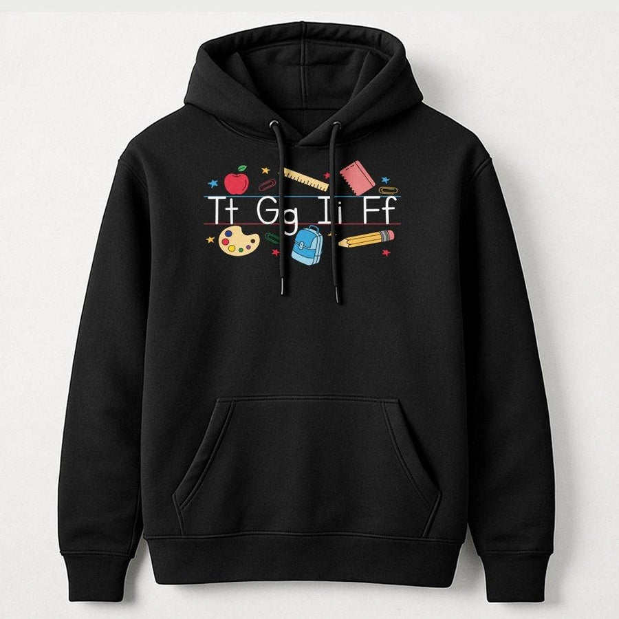 Back To School Teacher Hoodie | Alphabet & Supplies Graphic Design | Premium Cotton-Blend Fleece | Gift For Elementary School Teachers