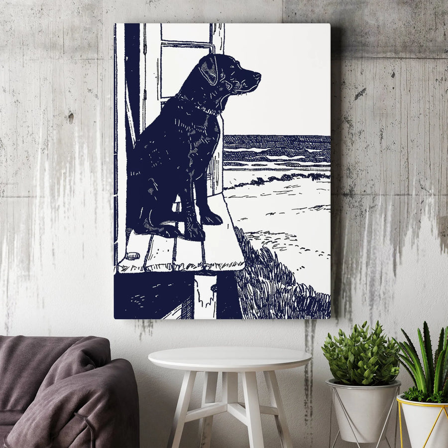 Labrador Retriever Canvas Art | Navy Blue Beach Sketch Wall Decor | 1.25 Inch Gallery Wrap Premium Print | Dog Lover Gift For Home Office