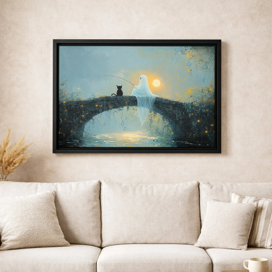 Ghost Fishing with Black Cat Canvas Wall Art | Whimsical Spooky Bridge Illustration | Premium Gallery Wrapped Print | Unique Home Decor Gift