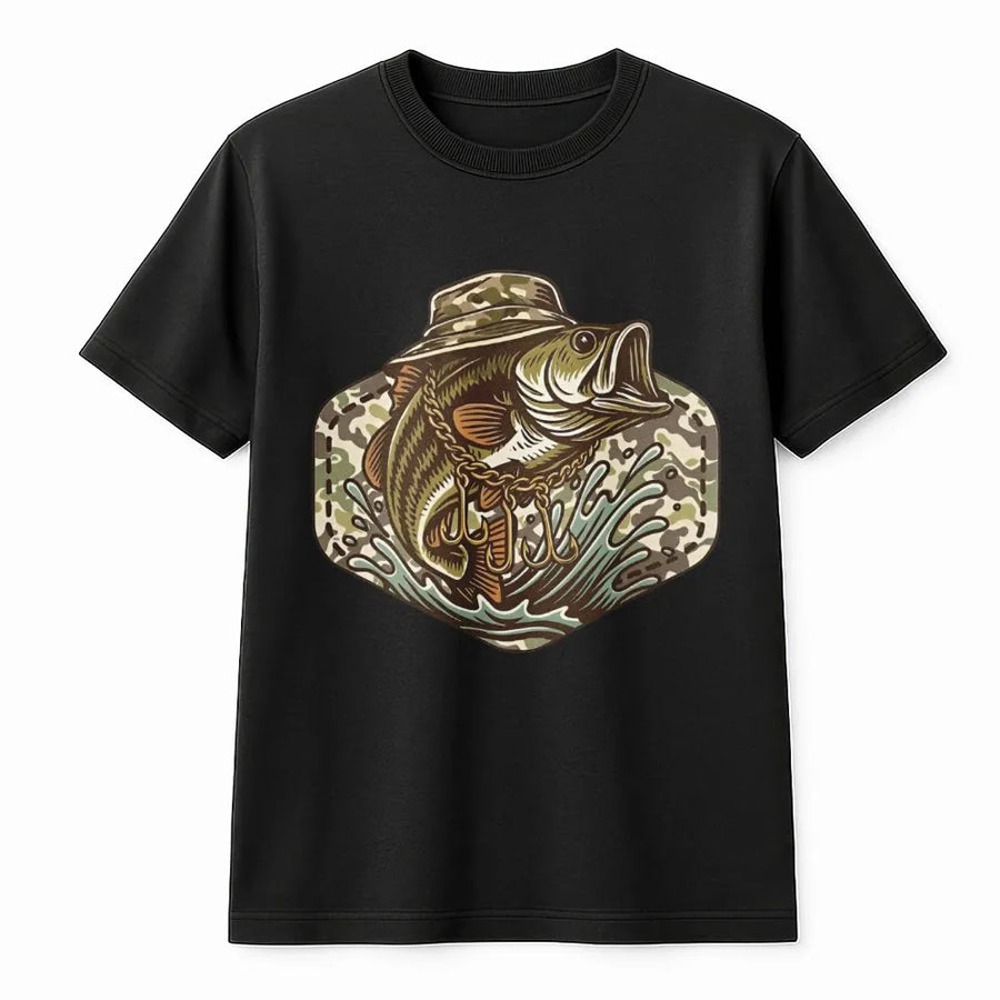 Bass Fishing T-Shirt | Camo Hat Bass Graphic Design | Premium Cotton Apparel | Gift for Fishermen & Outdoorsmen