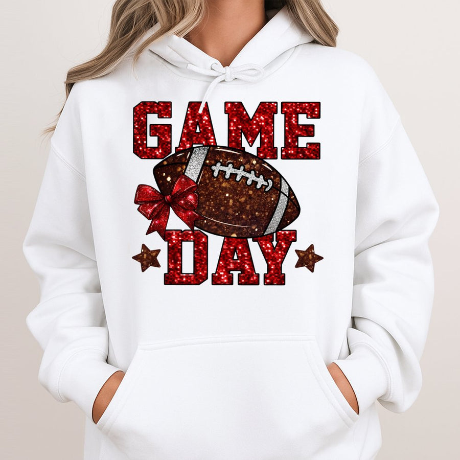 Game Day Football Hoodie | Glitter Graphic Sport Print | Cotton-Polyester Blend | Trendy Fall Sports Apparel For Fans And Players
