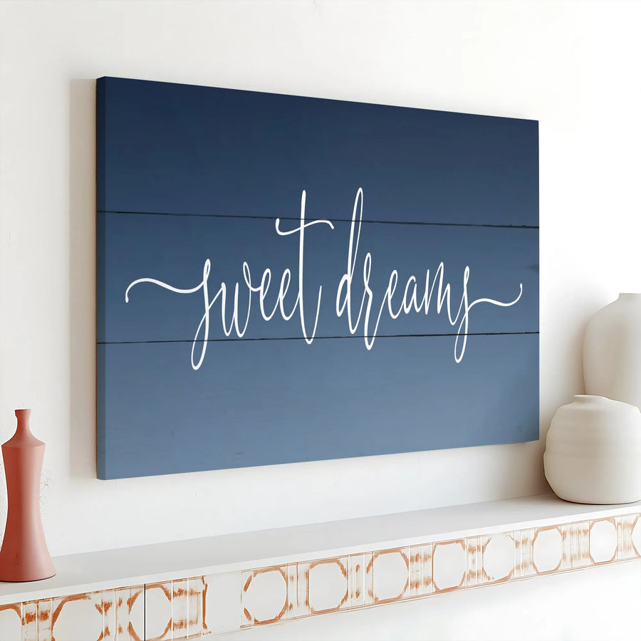 Sweet Dreams Wall Art Canvas | Modern Navy Blue Script Typography | Premium Gallery Wrap Decor | Relaxing Bedroom Wall Decor Gift