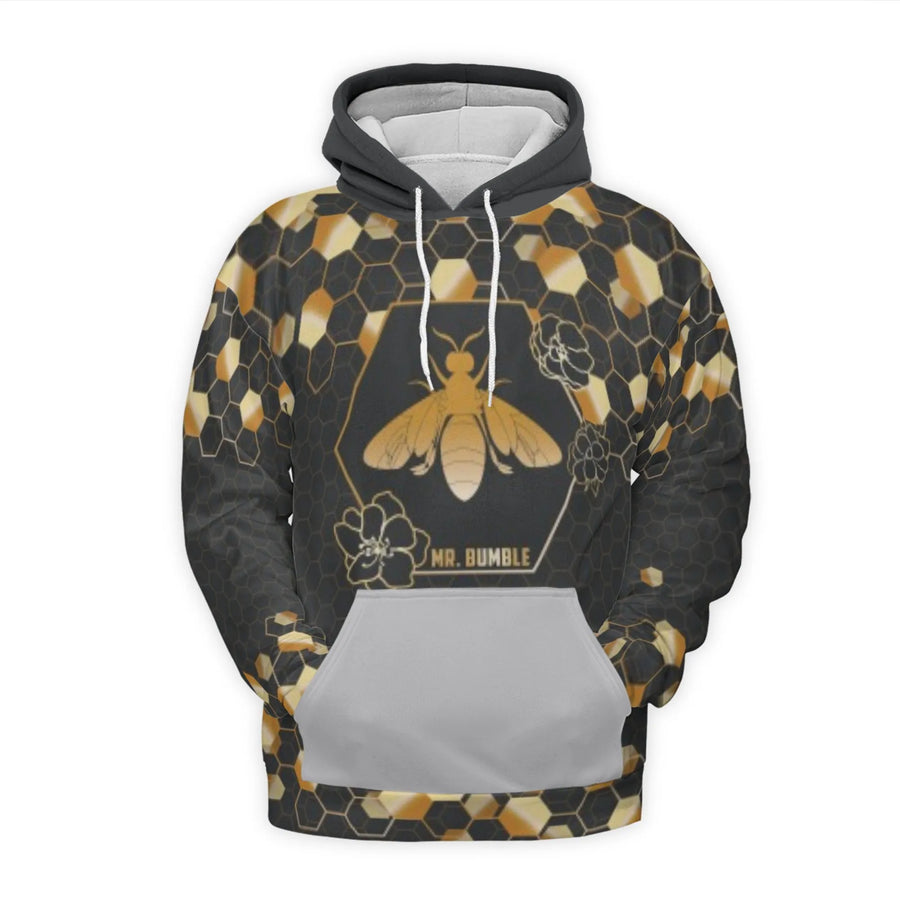 Honeycomb Bee Hoodie | Mr. Bumble Graphic All-Over Print | Premium Polyester Brushed Fleece | Unique Nature Lover Gift for Men and Women