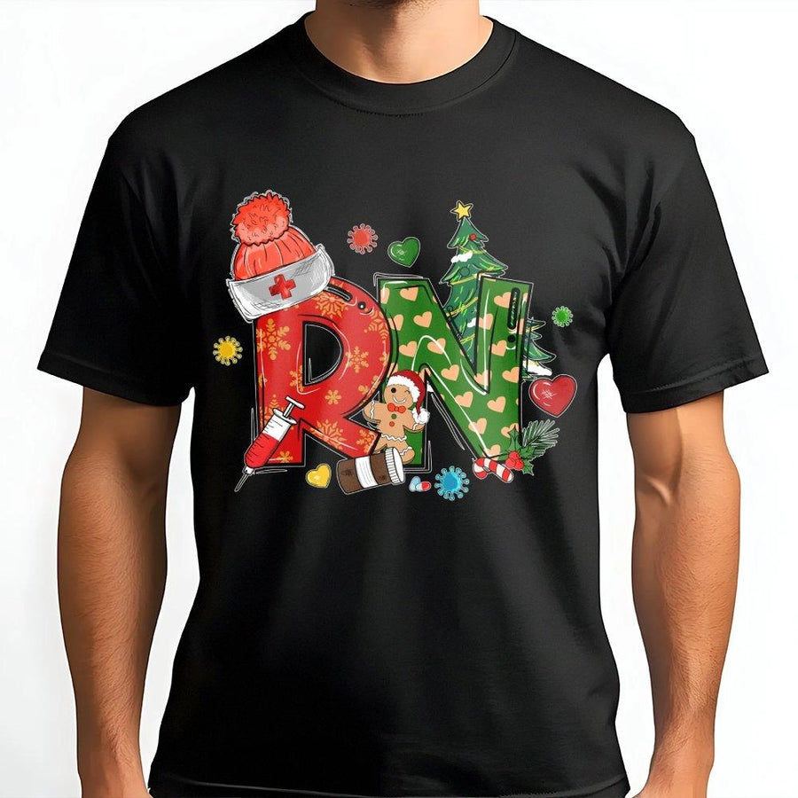 Christmas RN Nurse T-Shirt | Festive Holiday Medical Graphic Tee | 100% Premium Cotton | Perfect Gift for Registered Nurses and Nursing Students