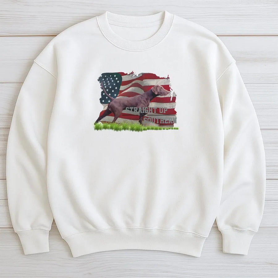 German Shorthaired Pointer Sweatshirt | American Flag GSP Dog Art | Cotton Blend Premium Crewneck | Patriotic Gift for Hunter Dog Lover
