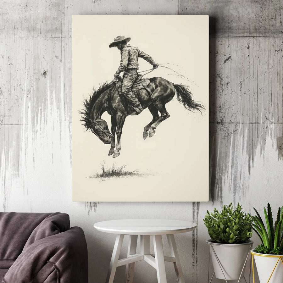 Cowboy Bucking Bronco Canvas Art | Western Rodeo Pencil Sketch Print | Premium Gallery Wrap Wall Decor | Rustic Farmhouse Gift for Him