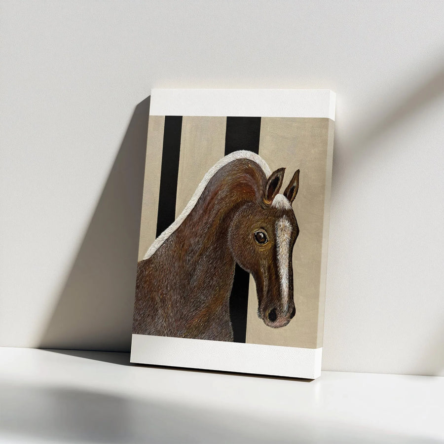 Brown Horse Portrait Canvas Print | Realistic Equestrian Wall Art with Striped Background | Premium Gallery Wrapped Canvas | Farmhouse Decor Gift for Horse Lover