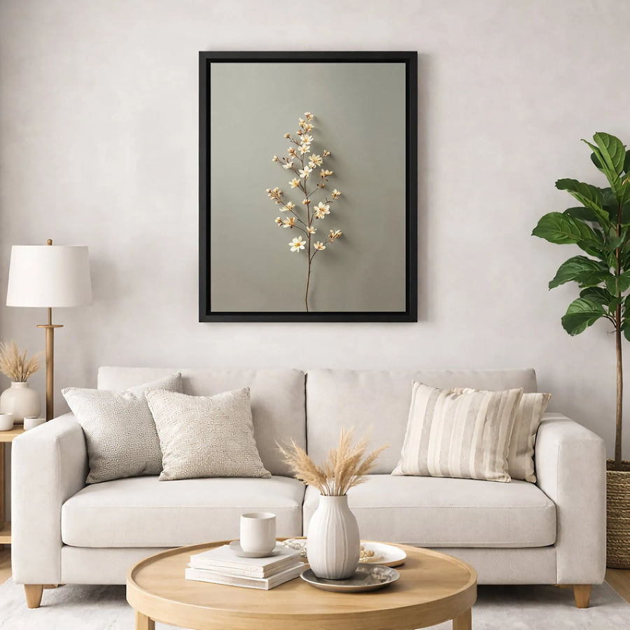 Minimalist White Flowering Branch Canvas Print | Botanical Wall Art on Sage Grey | Premium Fade-Resistant Gallery Wrap | Modern Home Office Decor