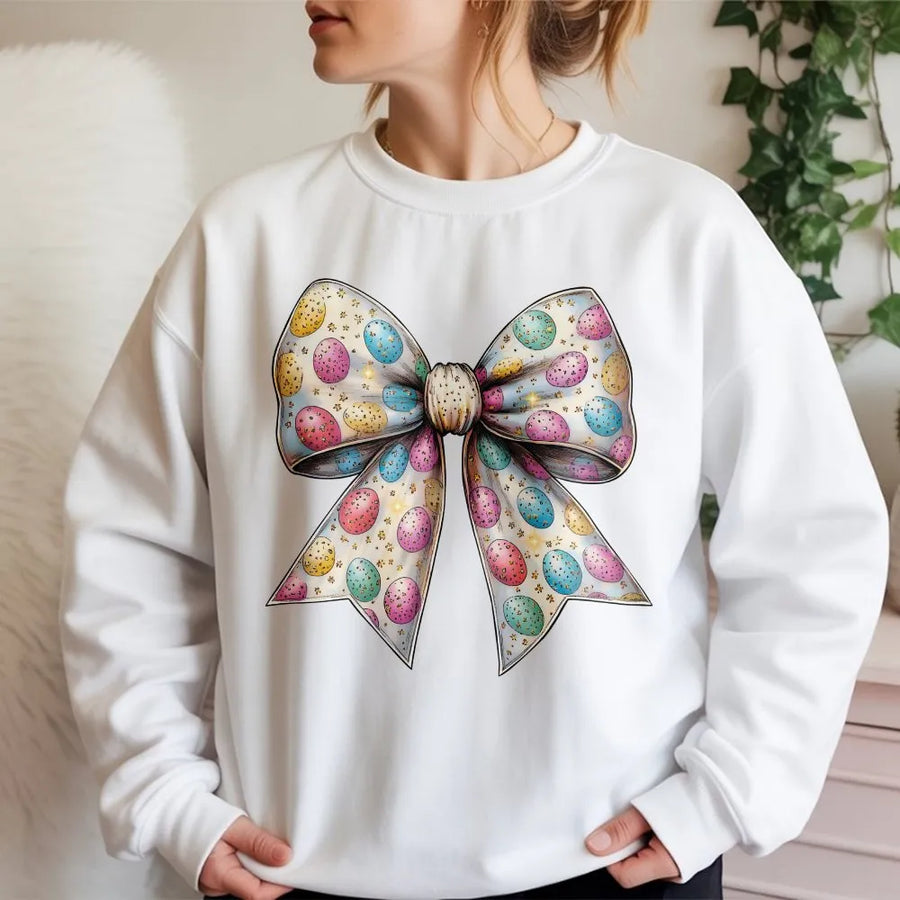Easter Bow Sweatshirt | Pastel Egg Pattern Coquette Aesthetic | Premium Cotton Blend Crewneck | Cute Spring Holiday Gift for Her