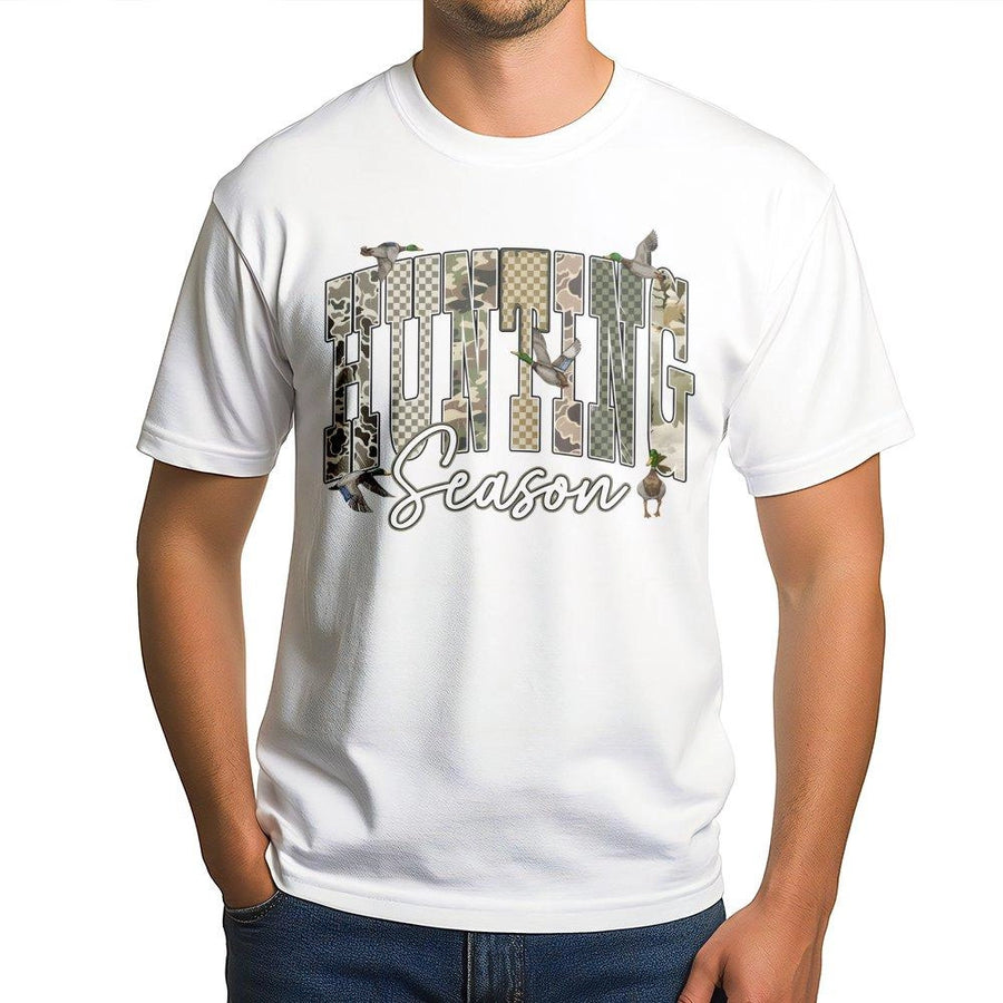 Hunting Season T-Shirt | Camo Duck Graphic Wildlife Print | Premium Soft Cotton | Gift for Hunters and Outdoorsmen