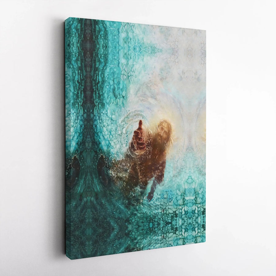 Jesus Reaching Hand Canvas Print | Abstract Water Christian Wall Art | 1.25 Inch Gallery Wrap | Religious Home Decor Gift for Believers