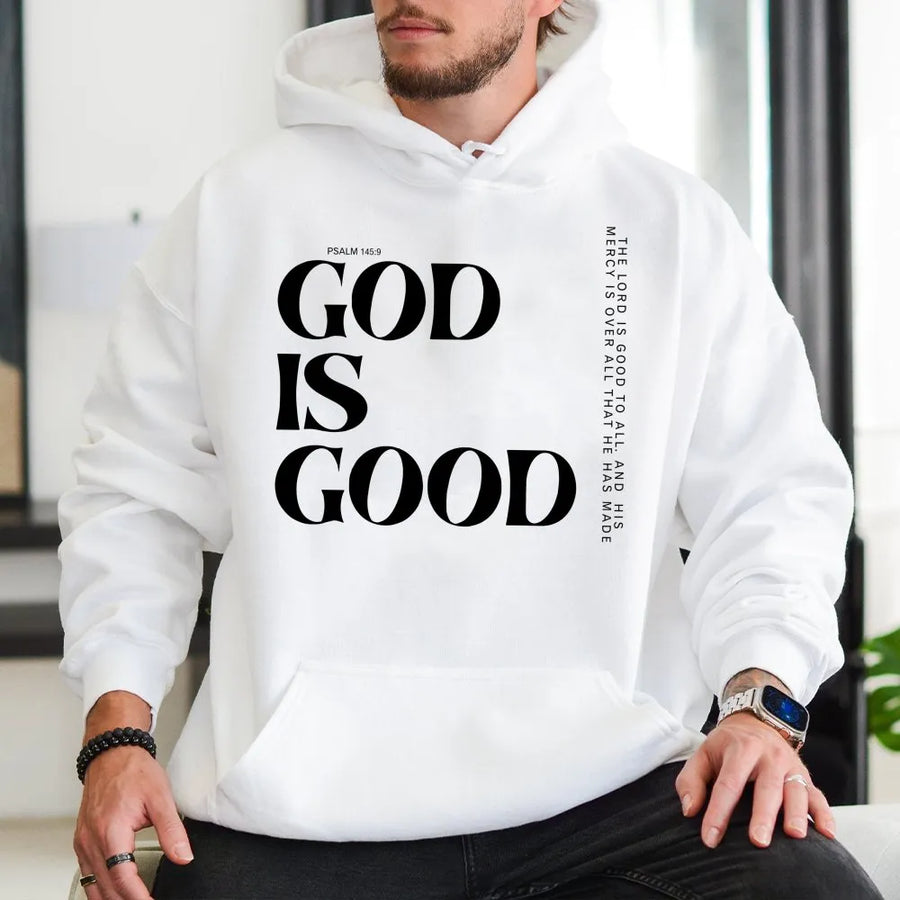 God Is Good Hoodie | Psalm 145:9 Scripture Verse Print | Premium Cotton Blend Sweatshirt | Christian Faith Gift for Men and Women