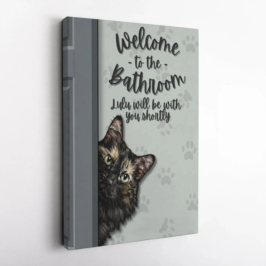 Tortoiseshell Cat Bathroom Wall Art | Funny Peeking Pet Quote Decor | Premium Gallery Wrap Canvas | Unique Gift For Cat Lovers