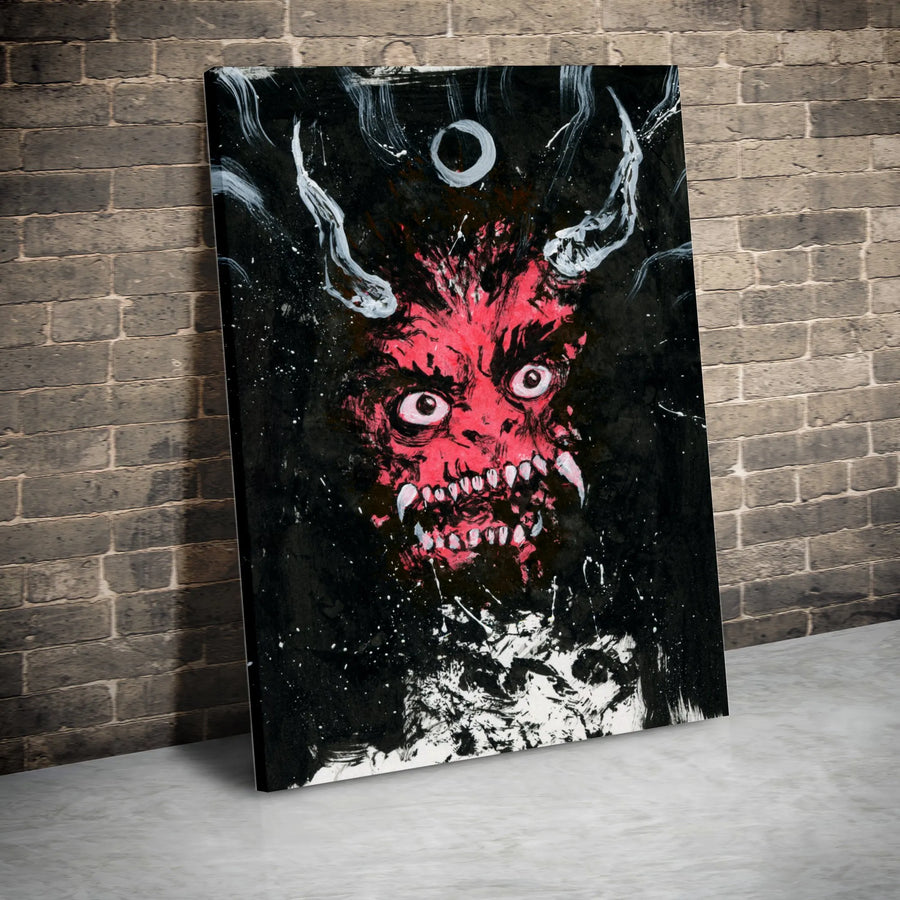 Red Demon Canvas Wall Art | Abstract Horror Oni Mask Splatter Print | Gallery Wrapped Premium Decor | Gothic Home & Office Gift