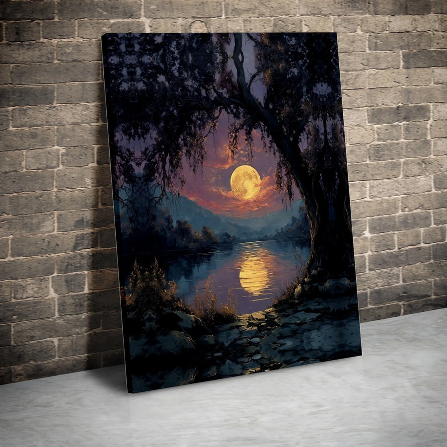 Full Moon Lake Canvas Wall Art | Atmospheric Night Sky Painting | Premium Fade-Resistant Print | Living Room Decor Gift for Nature Lover