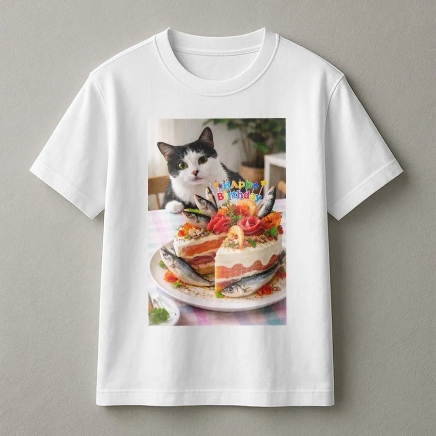 Cat Birthday T-Shirt | Funny Fish Cake Graphic Tee | Premium 100% Cotton Shirt | Unique Gift for Cat Lovers & Pet Owners