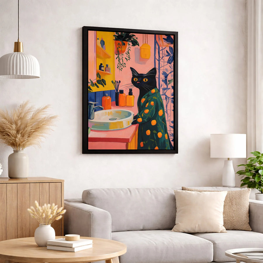 Black Cat Bathroom Wall Art | Quirky Orange Robe Illustration | Gallery-Quality 1.25" Thick Canvas Print | Whimsical Home Decor Gift for Cat Lovers