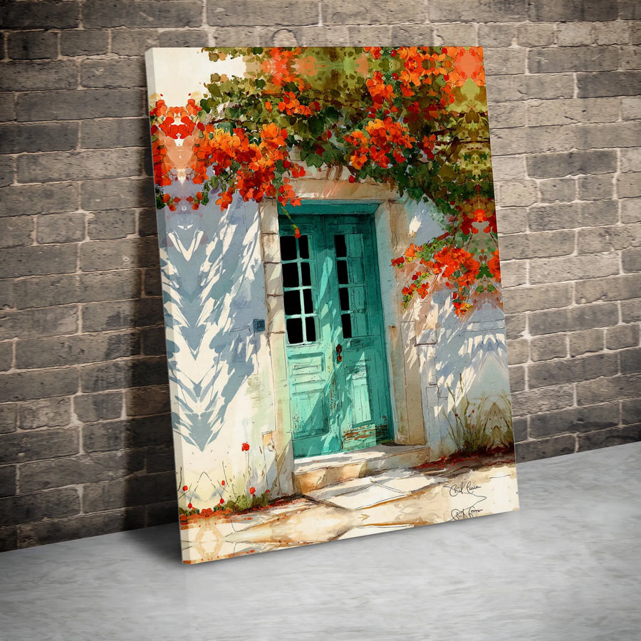 Mediterranean Teal Door Wall Art | Watercolor Bougainvillea Print | Gallery-Quality 1.25” Canvas | Coastal Decor Gift for Home Office