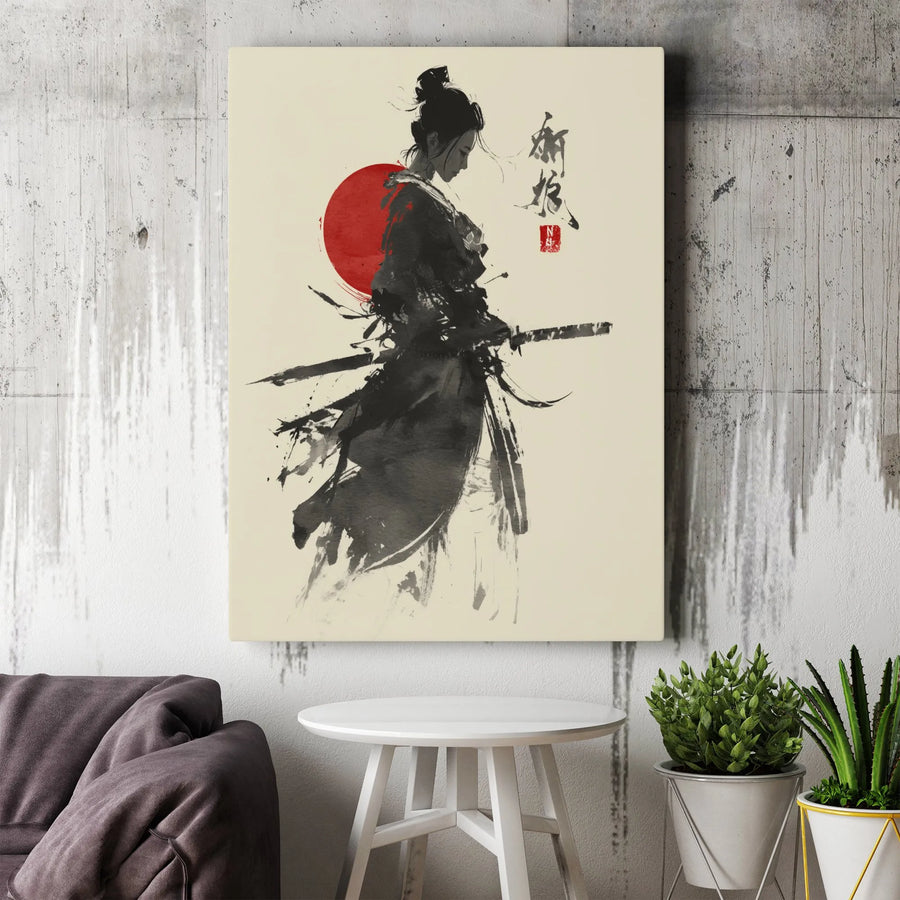 Female Samurai Canvas Print | Japanese Ink Wash Painting with Red Sun | Premium Gallery Wrapped Canvas | Collector's Gift for Dojo & Home Decor
