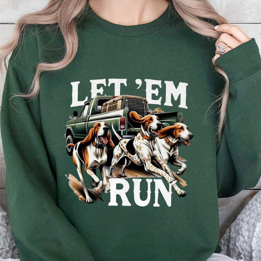 Hound Dog Sweatshirt | Let 'Em Run Southern Hunting Graphic | Premium Cotton Blend Crewneck | Gift for Hunters and Country Style Enthusiasts